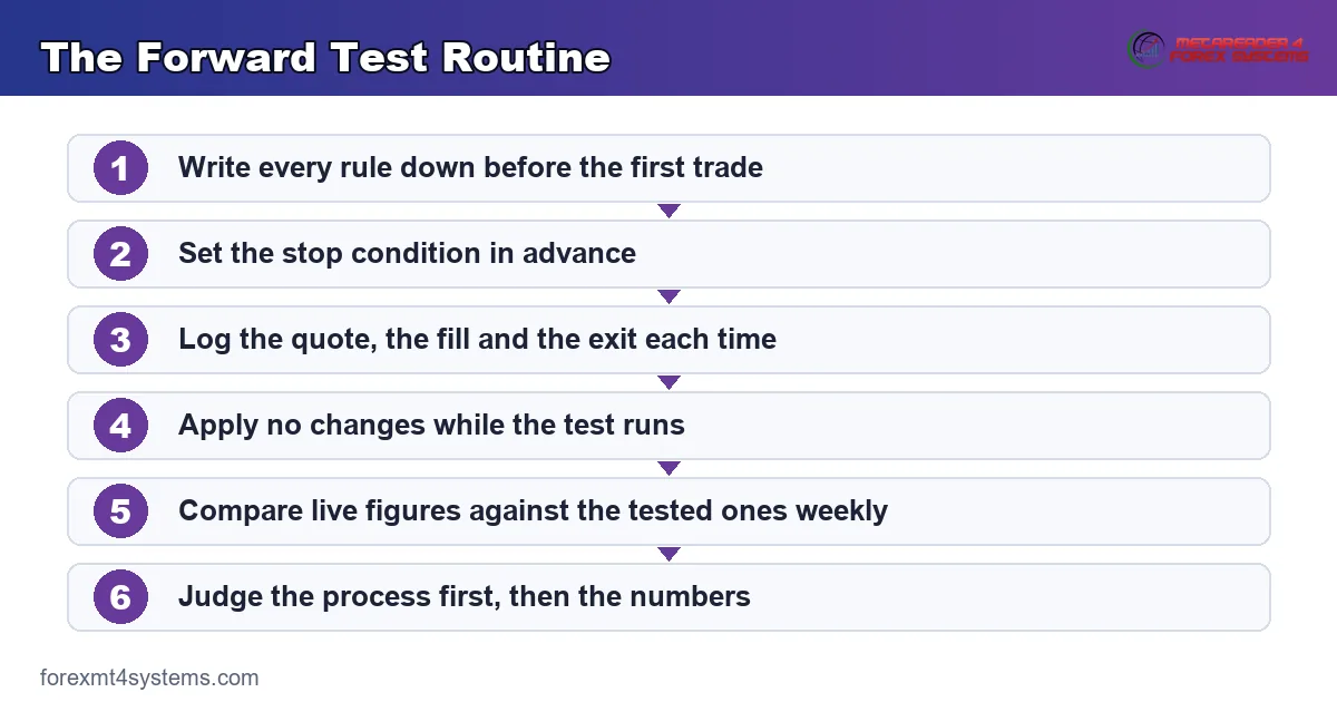 flow diagram of the forward test routine, from writing the rules down to judging the process first