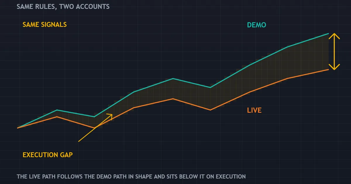 two forward test paths from identical rules, the live path tracking the demo path but sitting lower