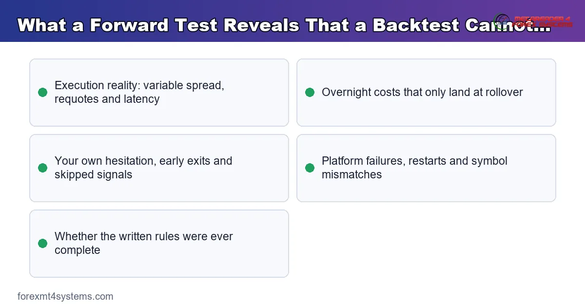 key points panel on what a forward test reveals that a backtest cannot, from fills to your own behaviour
