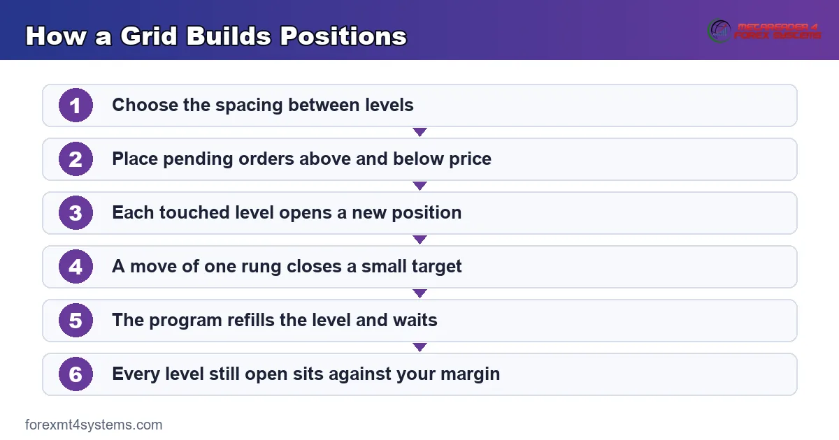 flow diagram showing how a grid builds positions level by level from spacing to carried exposure