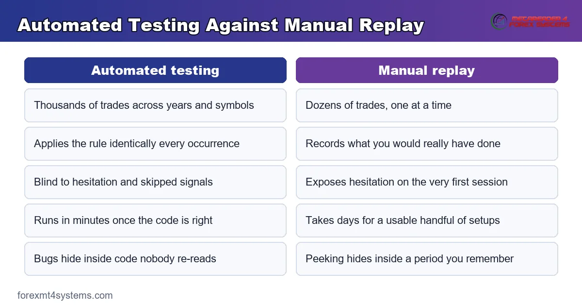 comparison diagram setting automated testing against manual bar-by-bar replay of the same rule