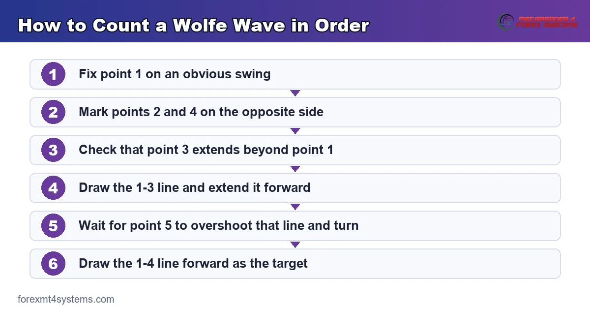 flow diagram showing how to count a Wolfe Wave in order from point one to the target line