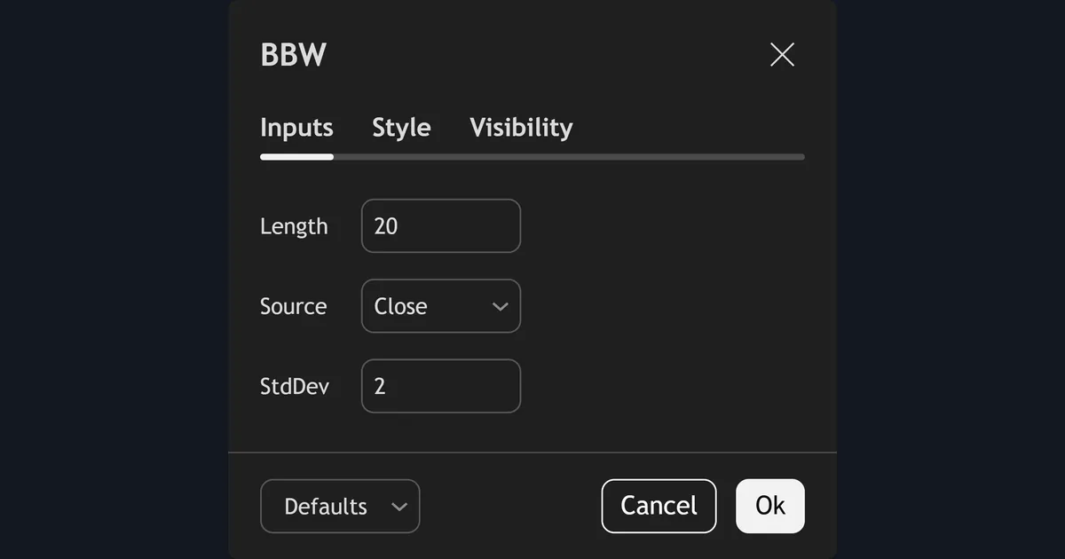 TradingView BBW settings dialog showing Length 20, Source Close and StdDev 2