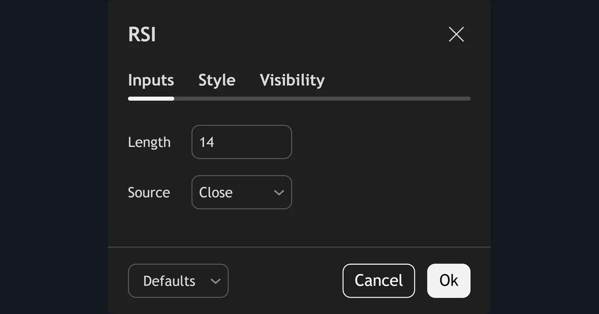 TradingView RSI settings dialog showing length 14 and source Close