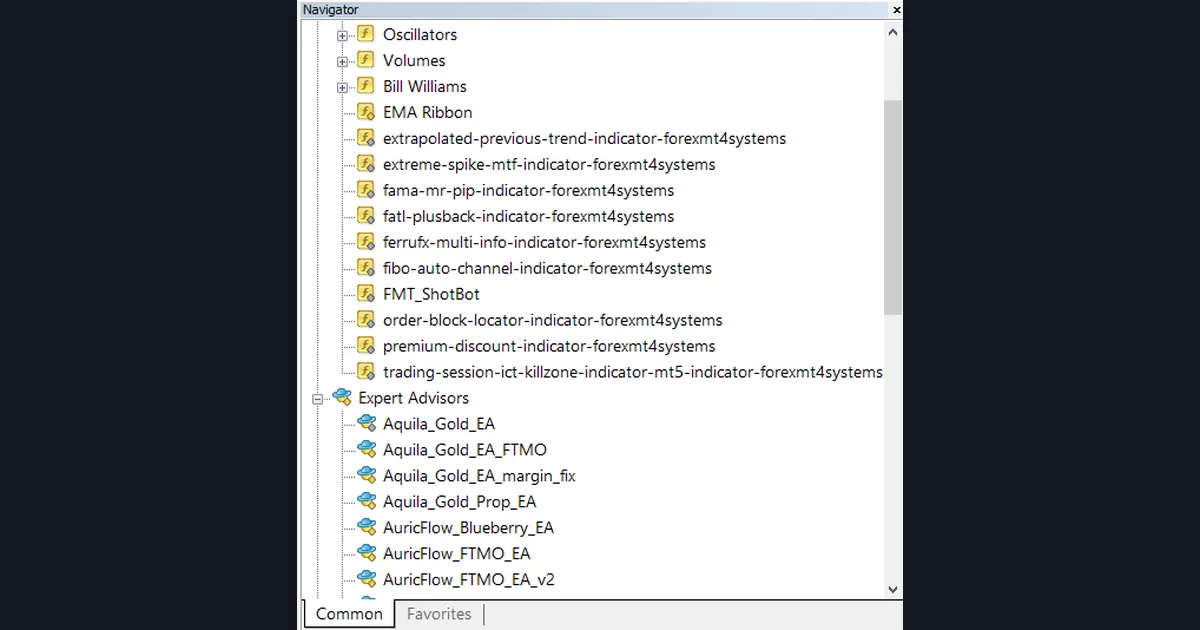 MT4 Navigator panel showing Oscillators, Volumes and Bill Williams folders, custom indicators and the Expert Advisors list