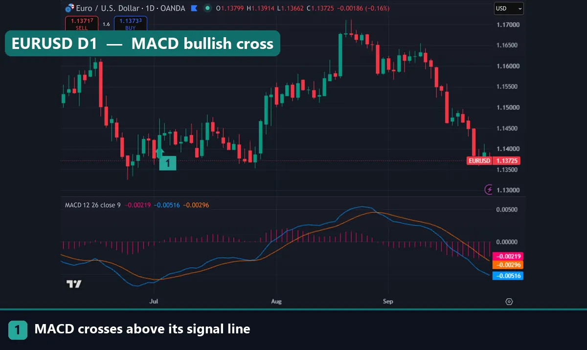 EURUSD daily chart with MACD, marker at the early-July cross of the MACD line above its signal line