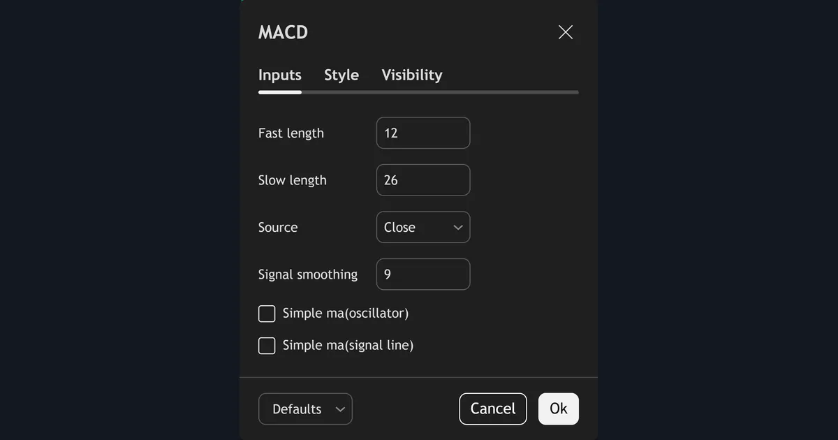TradingView MACD settings dialog showing fast length 12, slow length 26, source close and signal smoothing 9