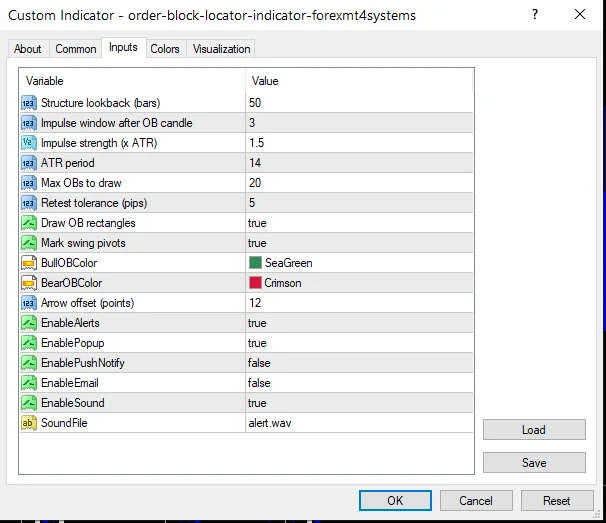 order block locator indicator: Inputs panel, impulse test above the box and alert settings.
