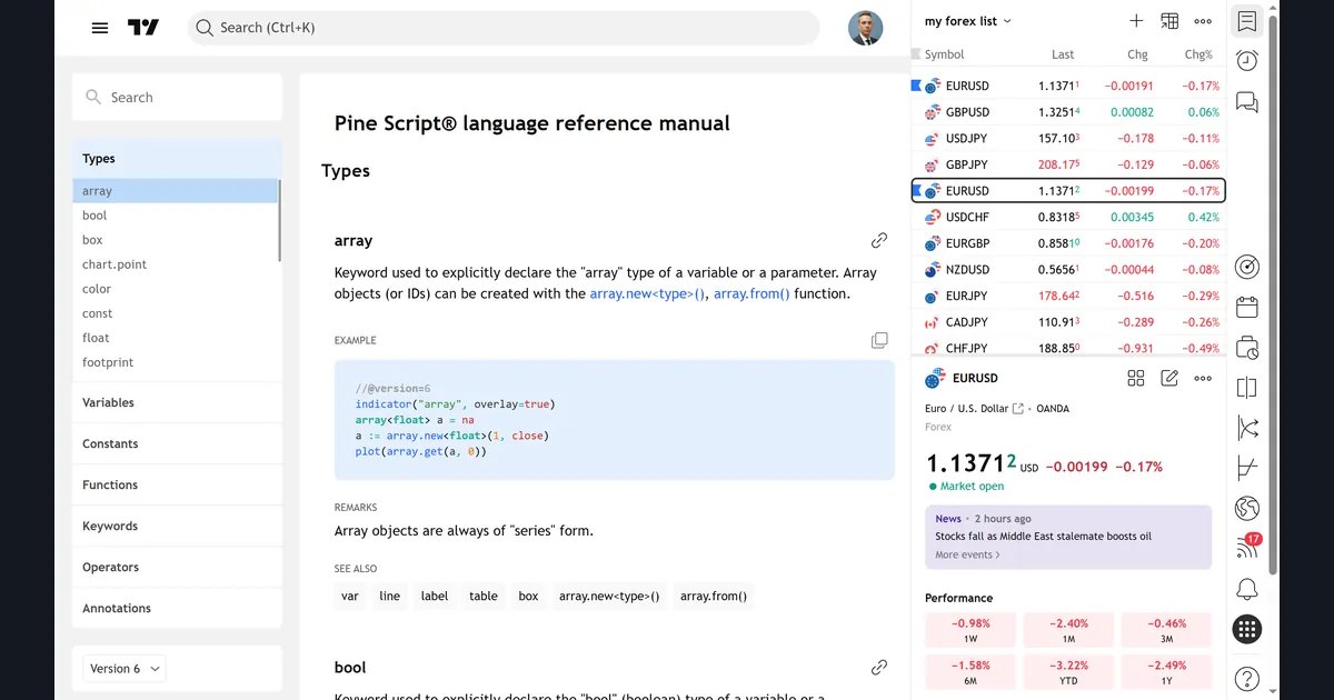 Pine Script documentation v6 Reference Manual start page showing the array type entry with example and remarks