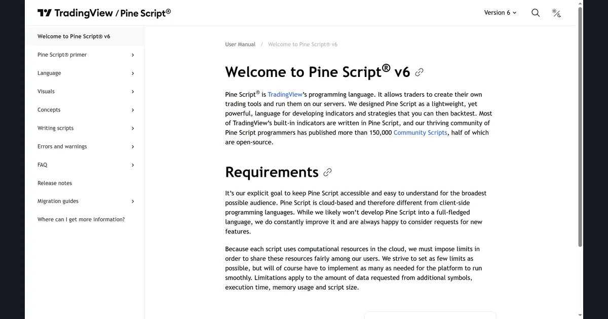 Pine Script v6 User Manual welcome page with sidebar sections primer, Language, Visuals, Concepts and Migration guides