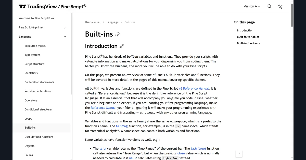 Pine Script v6 User Manual Built-ins page explaining namespaces with ta.sma as an example