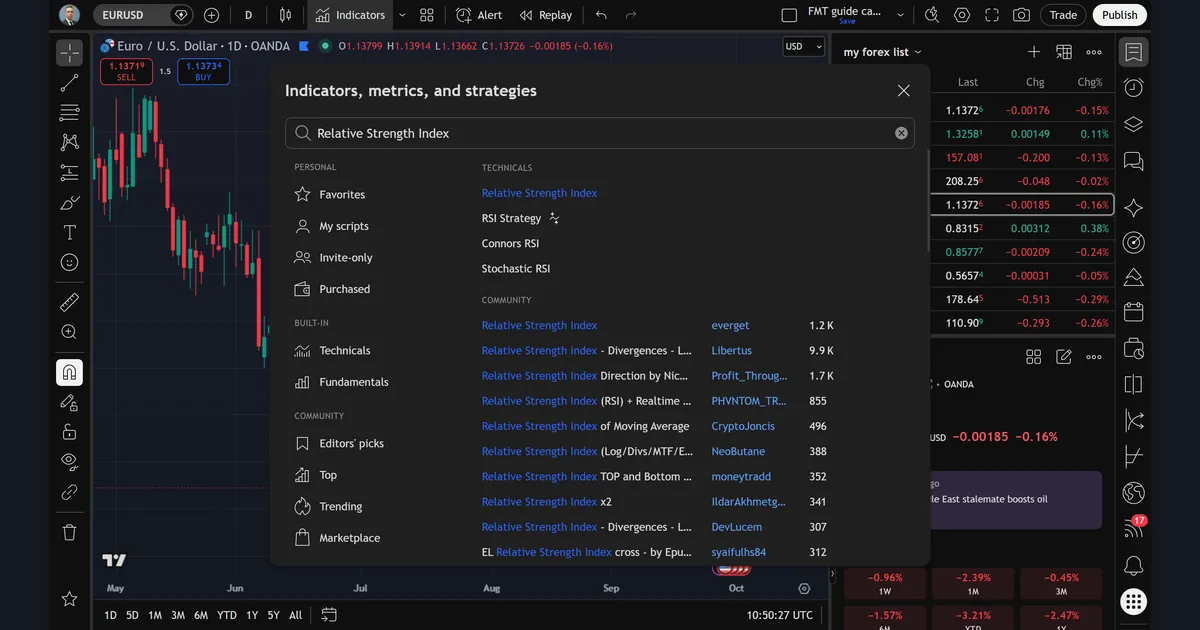 TradingView Indicators, metrics, and strategies dialog searching Relative Strength Index with built-in and community results