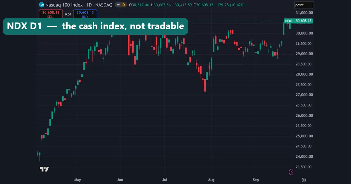 Daily chart of the NASDAQ:NDX Nasdaq 100 cash index on TradingView with a zero buy-sell gap and a point price scale