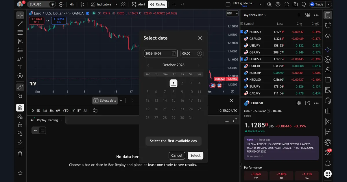 TradingView Bar Replay Select date dialog on OANDA EURUSD 4h chart with date 2026-10-01