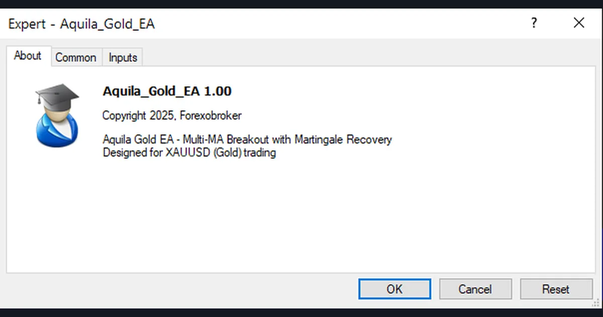 MT4 Expert Advisor properties dialog, About tab, describing a multi-MA breakout with martingale recovery for XAUUSD