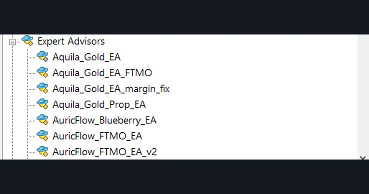 MT4 Navigator panel listing seven Expert Advisors, several versions of the same EA name