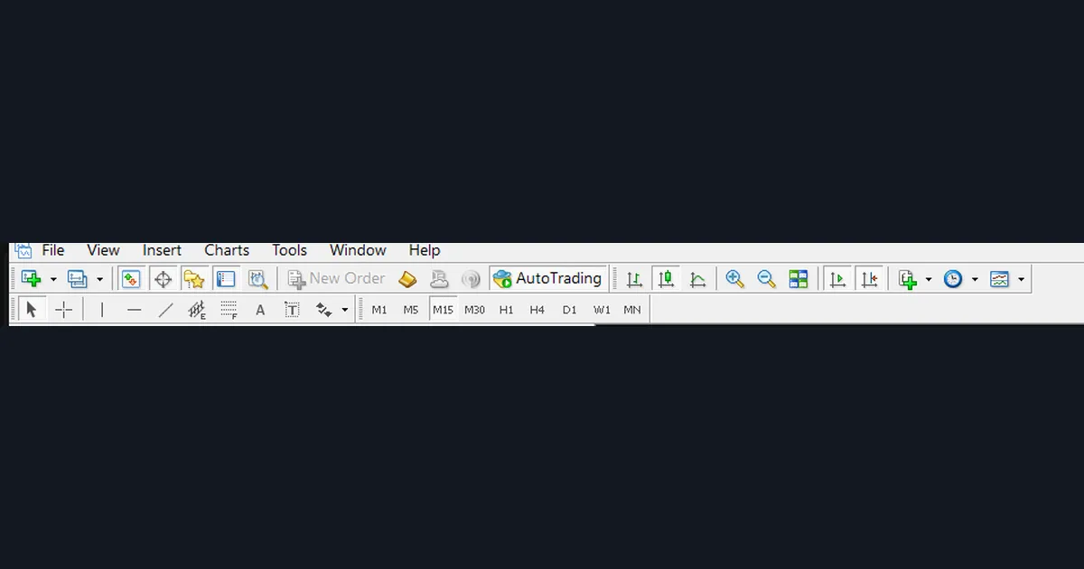 MT4 main toolbar with the AutoTrading button that allows or blocks every forex trading bot in the terminal