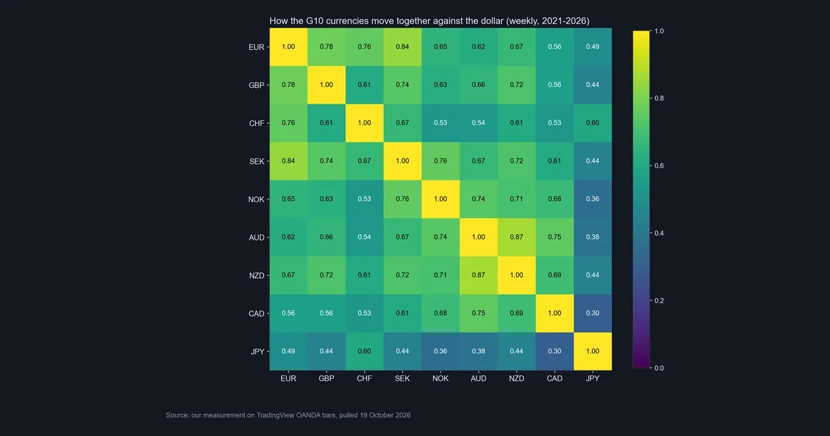 Heatmap of weekly correlations between the nine non-dollar G10 currencies against the US dollar, 2021 to 2026, highest AUD/NZD 0.87 and EUR/SEK 0.84, with the yen lowest at 0.30 to 0.60