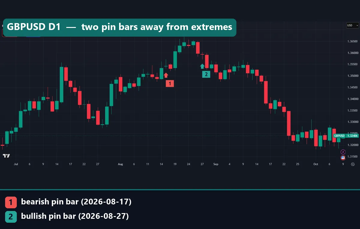 GBPUSD daily chart with marker 1 under the 17 August 2026 bearish pin bar and marker 2 under the 27 August bullish pin bar, both arrows pointing up at their candles