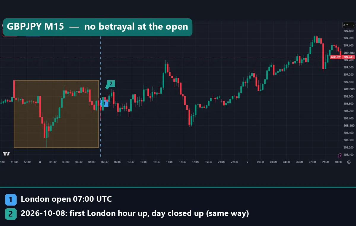 GBPJPY M15 chart with a 93 pip Asian range box where the first London hour and the day both closed up