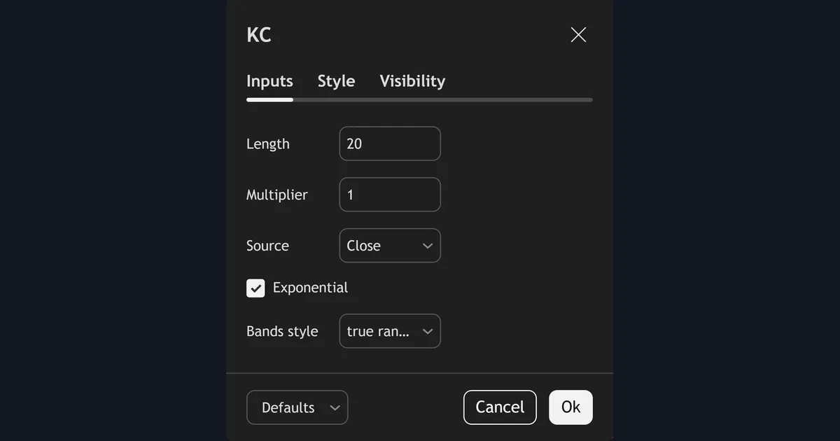 TradingView Keltner Channels settings dialog with Length 20, Multiplier 1, Source Close, Exponential on and Bands style true range