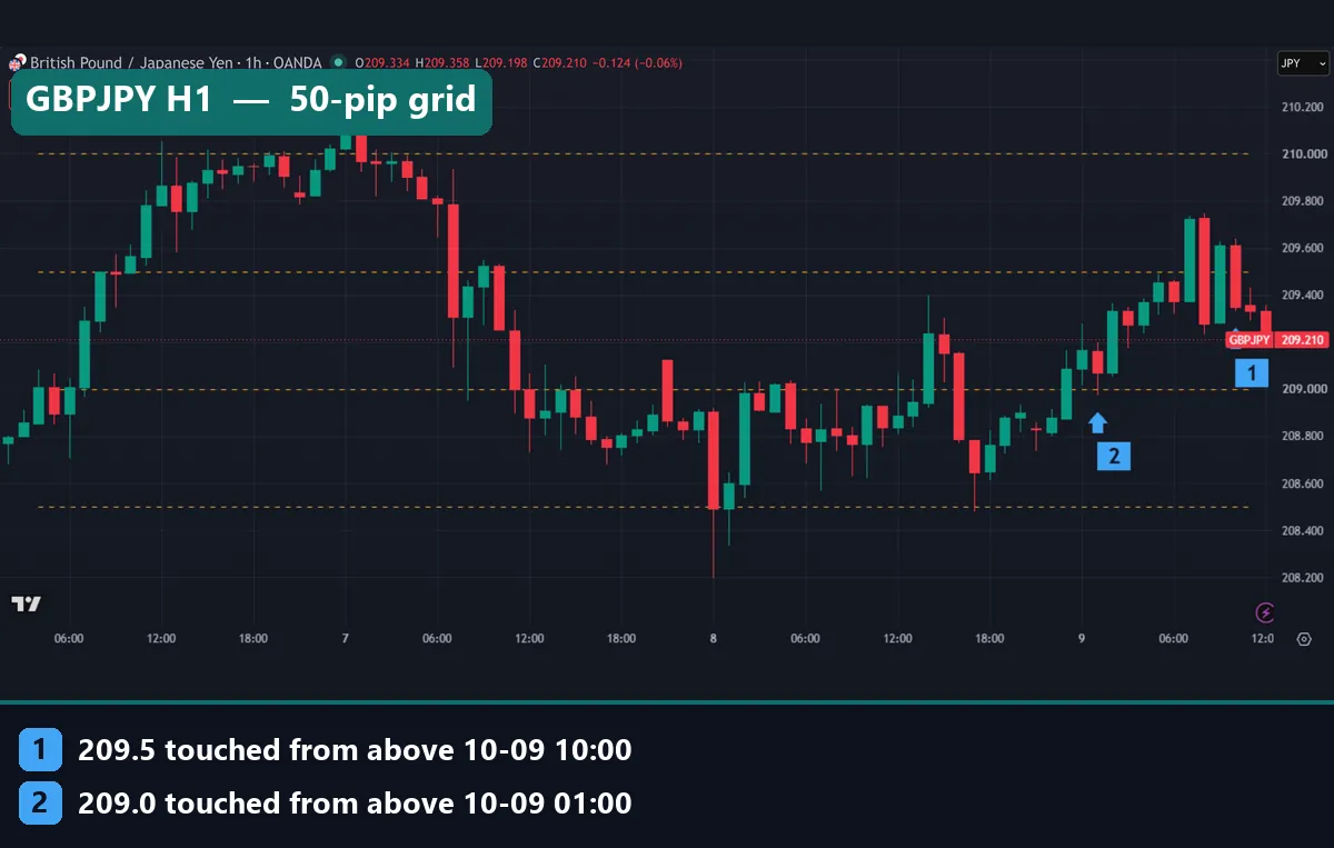 GBPJPY H1 chart with 50-pip lines from 208.50 to 210.00 and touches at 209.00 and 209.50
