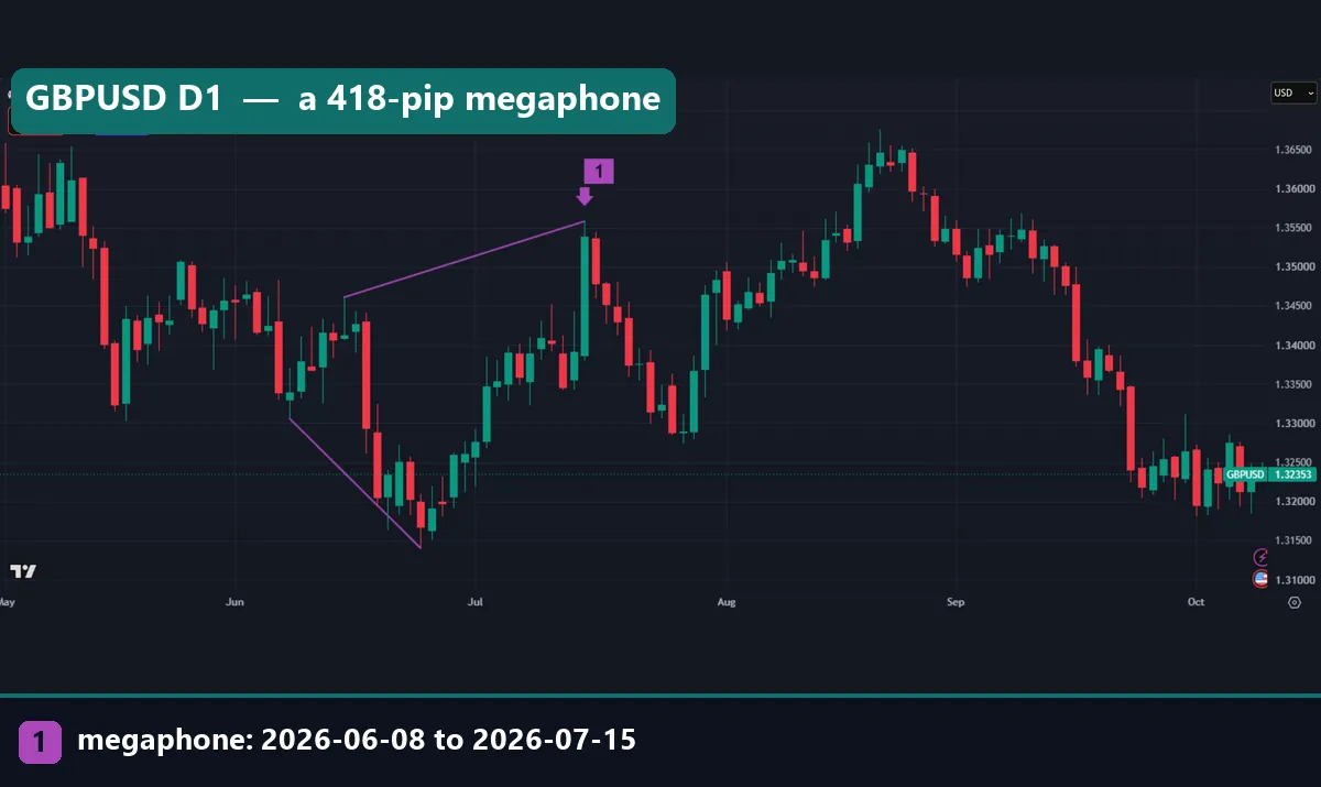 GBPUSD daily chart with a broadening formation from 8 June to 15 July 2026, the upper line rising and the lower line falling