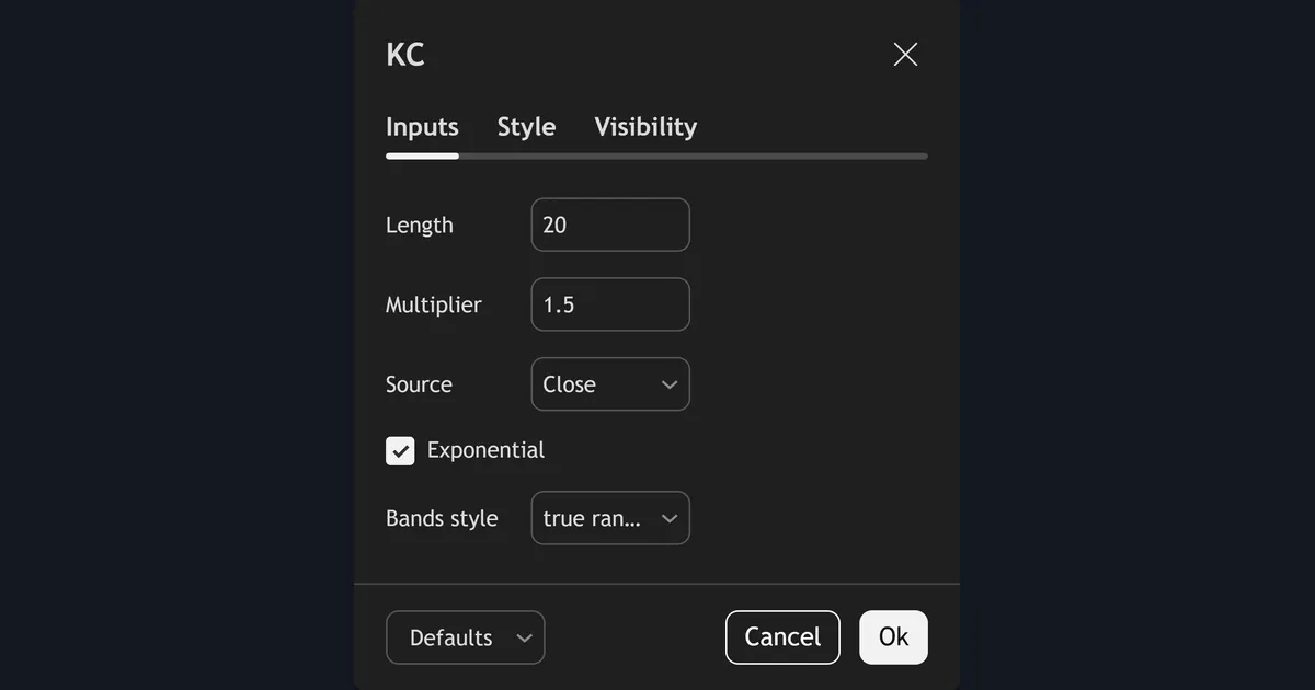 TradingView Keltner Channels settings panel with length 20, multiplier 1.5 and true range bands style