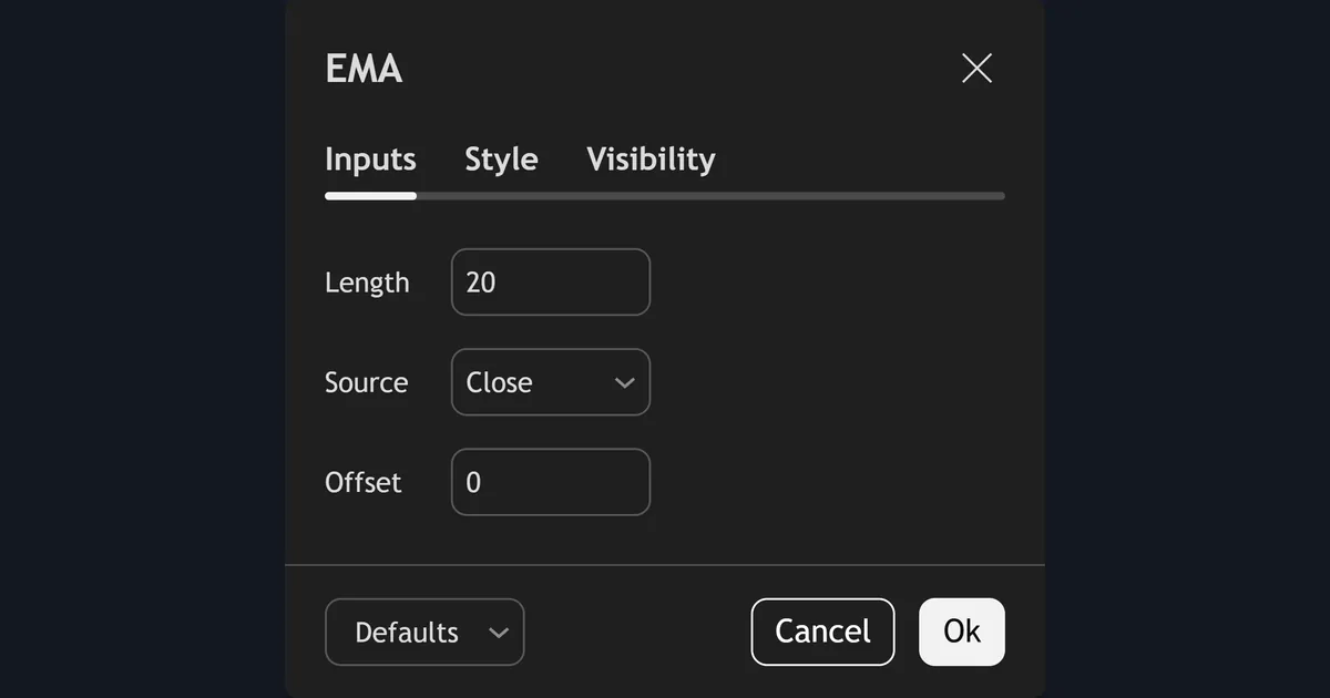 TradingView EMA settings dialog with Length 20, Source Close and Offset 0