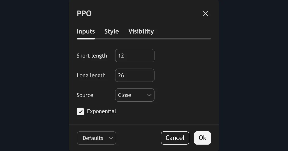 TradingView Price Oscillator settings dialog with short length 12, long length 26, source close and exponential ticked