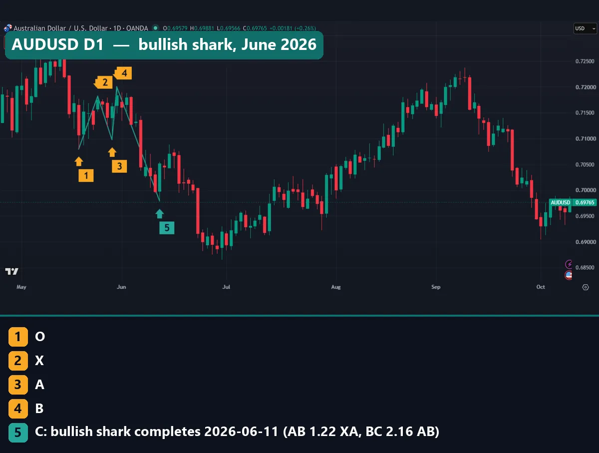 Bullish shark pattern on AUDUSD daily chart completing at 0.69789 on 11 June 2026