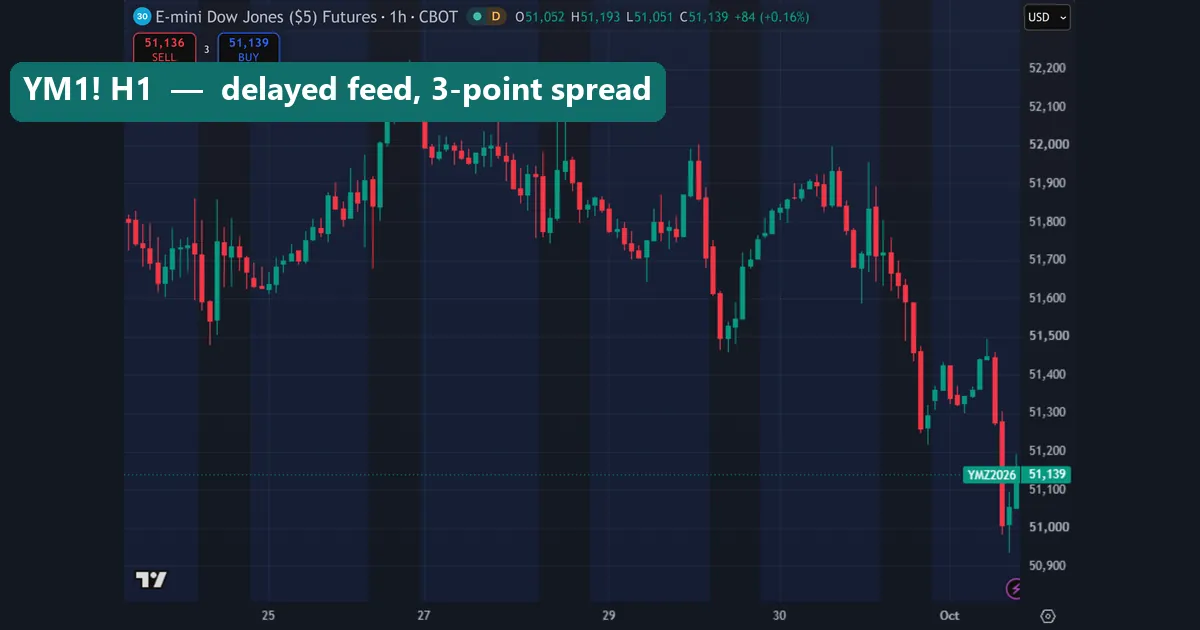Hourly CBOT_MINI:YM1! E-mini Dow chart on TradingView with the delayed-data D badge and a 3-point bid-ask gap