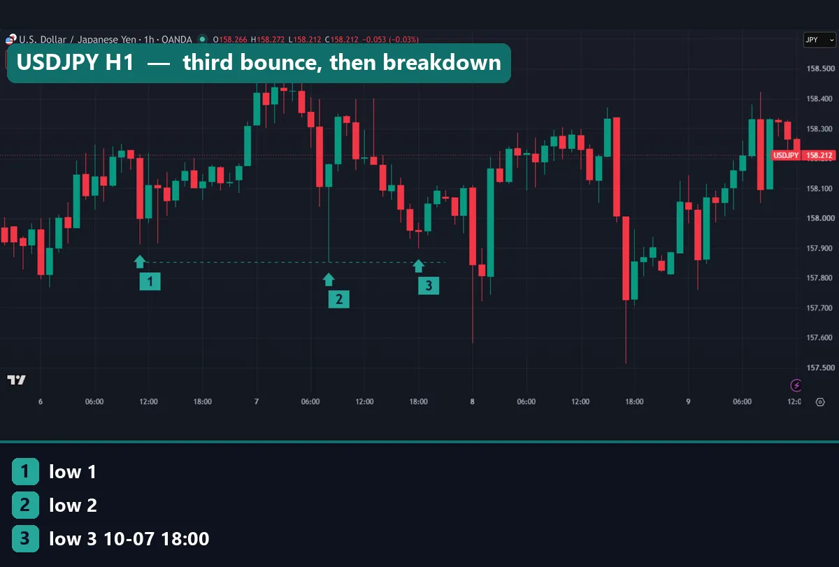 USDJPY hourly chart with three lows near 157.85 on 6 and 7 October 2026 and a neckline at 158.51 that price never closed above