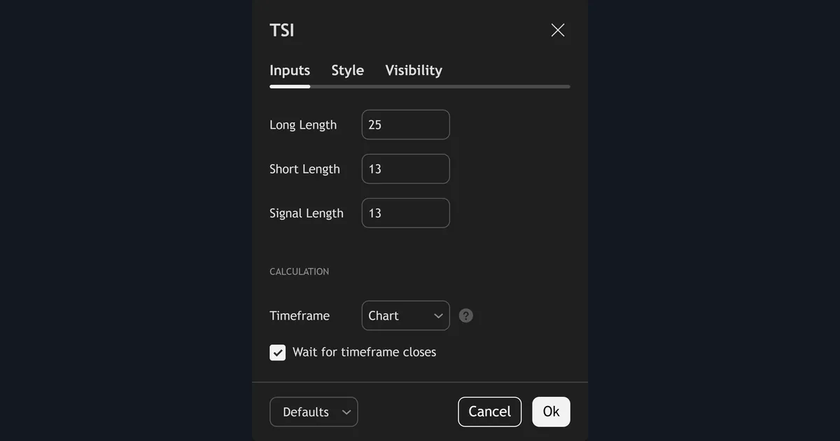 TradingView TSI settings window showing Long Length 25, Short Length 13 and Signal Length 13
