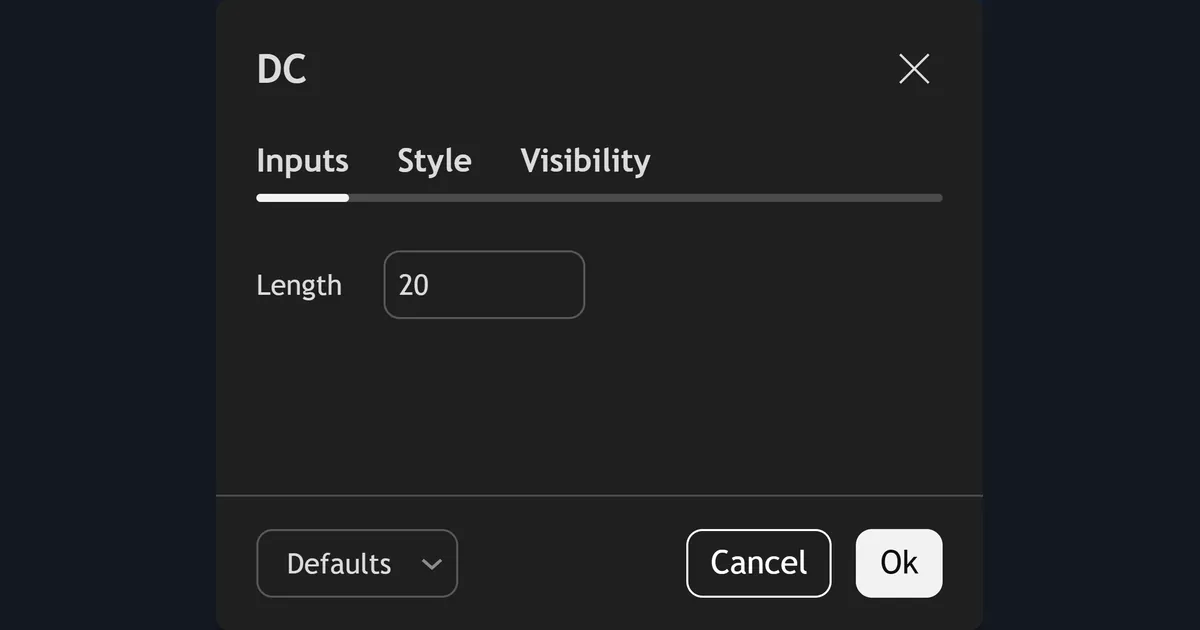 TradingView Donchian Channels settings window with Length set to 20 for the turtle trading strategy entry channel