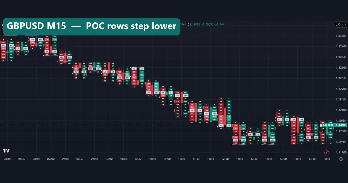 GBPUSD M15 volume footprint chart sliding lower with 1K cells near 1.3200
