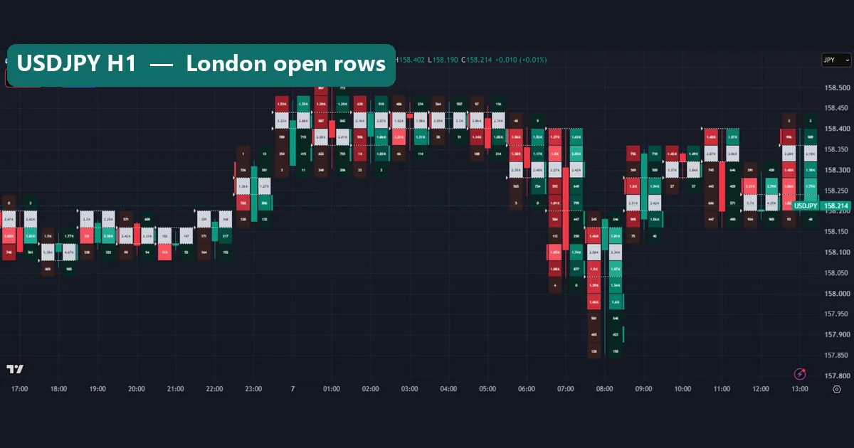 USDJPY H1 volume footprint with cells in the thousands at the 07:00 and 08:00 bars