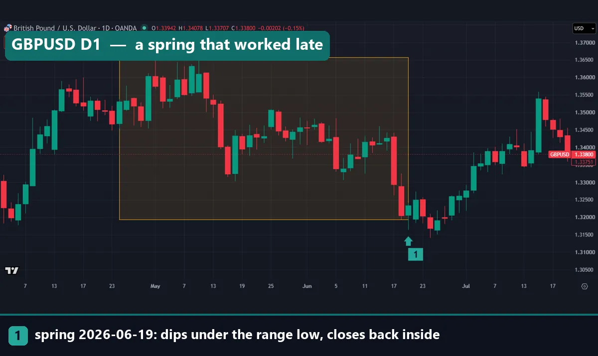 GBPUSD daily chart with a 40-day range from 1.31929 to 1.36578 and a spring on 19 June 2026, followed by a rally into July