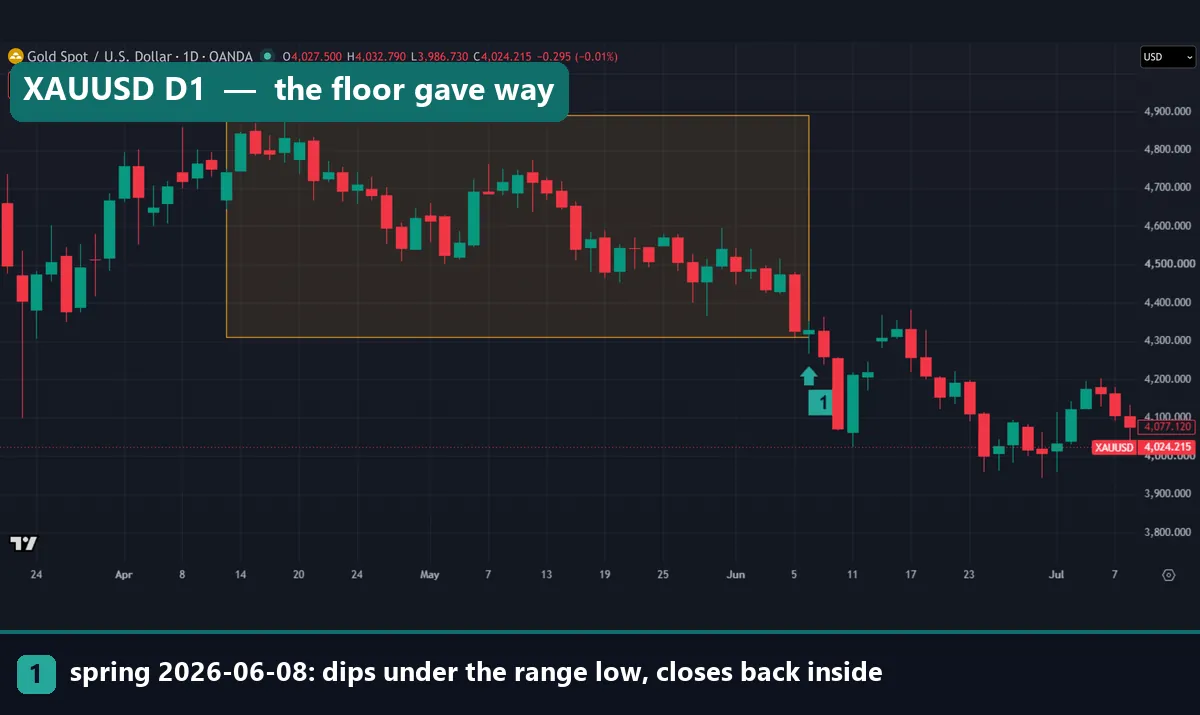 Gold XAUUSD daily chart with a range from 4,311.93 to 4,891.54 and a spring on 8 June 2026, after which gold fell below 4,100